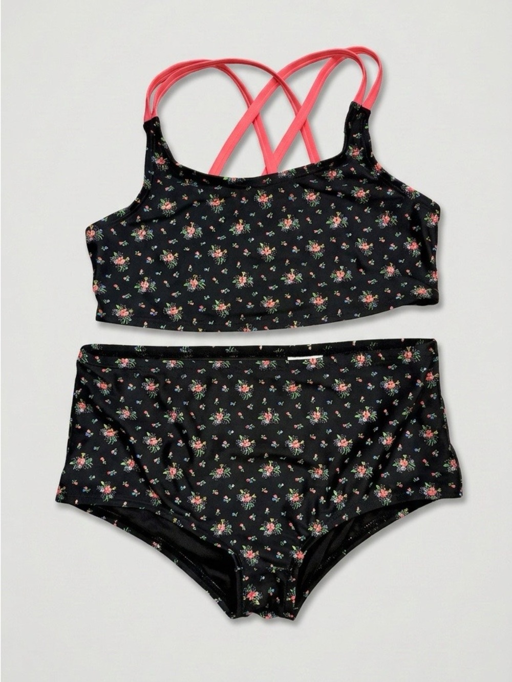 Gap Kids L Regular Black Floral Two-Piece Tankini Swimsuit with Pink Criss-Cross
